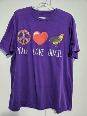 Peace Love Quail Graphic T-Shirt Purple Short Sleeve Tee Size XL